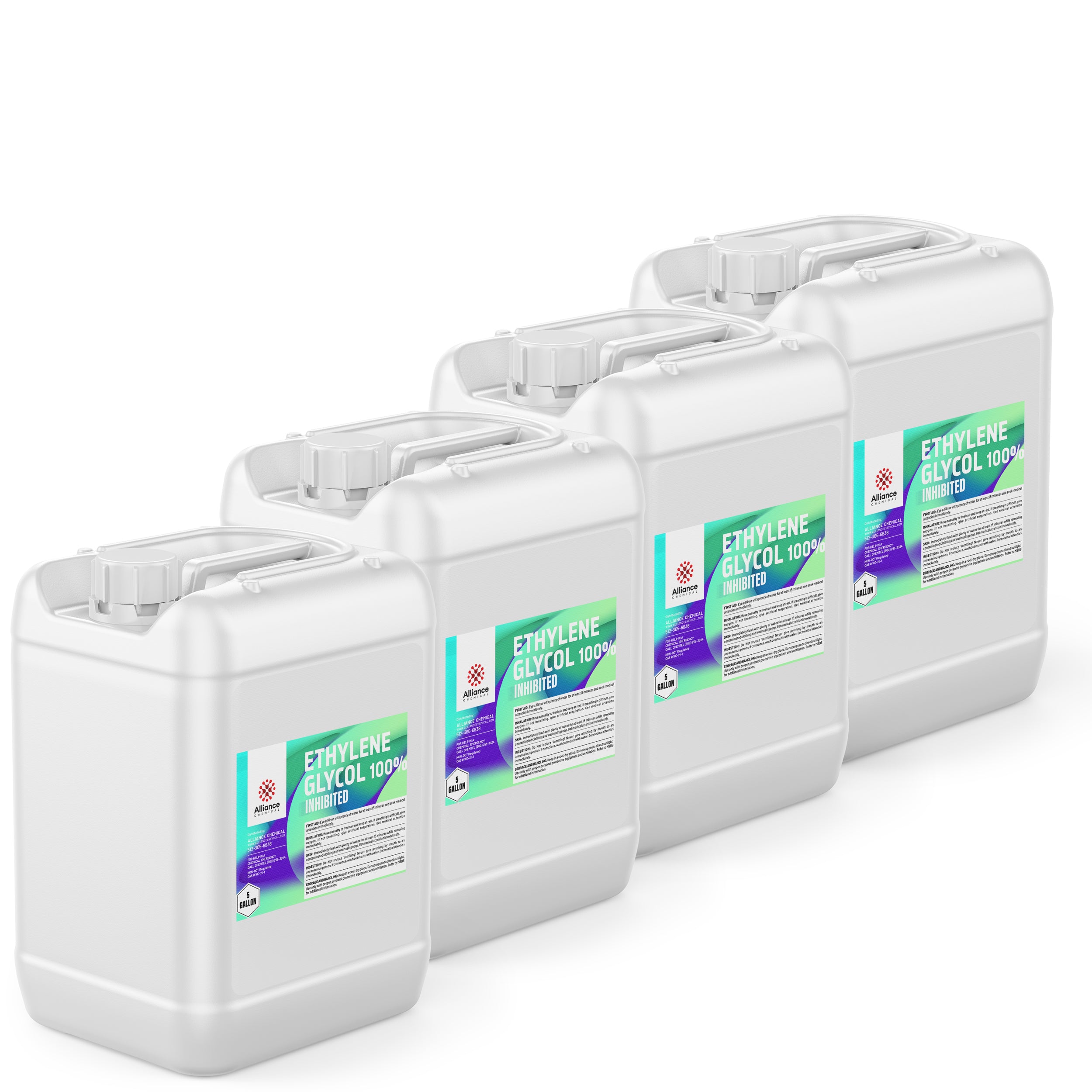 4x5-gallon white HDPE containers of 100% Ethylene Glycol Inhibited, featuring Alliance Chemical branding and technical specification labels in green-purple gradient design.